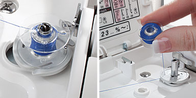 Šijací a vyšívací stroj Janome Skyline S9 automatický navíjač spodnej nite na cievku s orezom