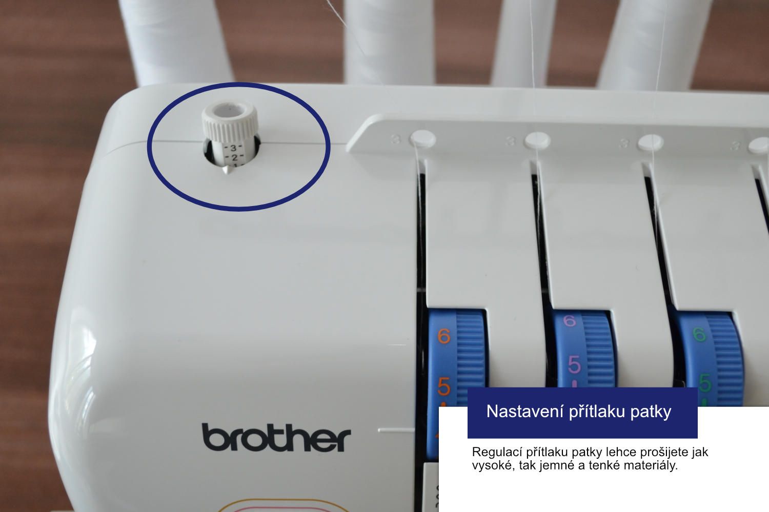 Overlock Brother 3034DWT regulácia prítlaku pätky