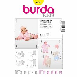 Strih Burda žltý 9636 - čiapočka, kabátik, nohavice a dupačky veľ. 56 - 80