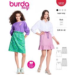 Strih Burda červený 5832 - sukňa so sťahovaním v páse, mini sukňa, tepláková sukňa