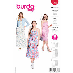 Strih Burda červený 5806 - šaty na ramienka, babydoll