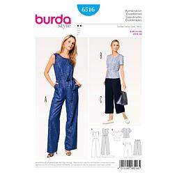 Strih Burda modrý 6516 - overal a nohavice so širokými nohavicami, top peplum