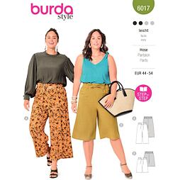 Strih Burda zelený 6017 - ľanové nohavice, nohavice s gumou a zaväzovaním v páse pre plnoštíhle