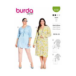 Strih Burda zelený 5732 - šaty so sťahovaním, tunika pre plnoštíhle