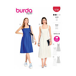 Strih Burda červený 5736 - šaty na ramienka, šaty s rozšírenou sukňou, ľanové šaty