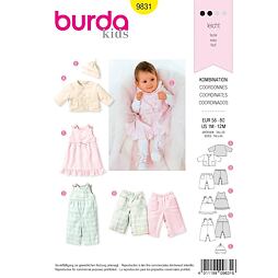Strih Burda žltý 9831 - detská mikina, nohavice, bodýčko a šaty