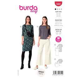 Strih Burda červený 5985 - tričkové šaty, tričko s lodičkovým výstrihom