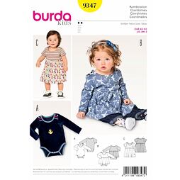 Strih Burda žltý 9347 - detské bodýčko, bodýčko so sukňou