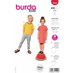 Strih Burda červený 9229 - detské tričkoové šaty, tričko pre dievčatá a chlapcov