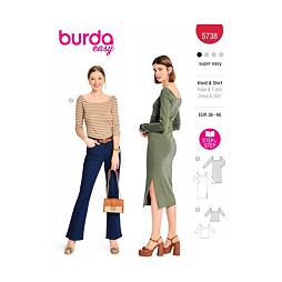 Strih Burda červený 5738 - tričkové šaty, džersejové šaty, tričko s hranatým výstrihom