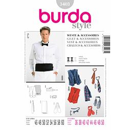 Strih Burda šedý 3403 - pánska vesta, kravata, šál, motýlik, smokingový pás