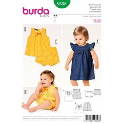 Strih Burda zelený 9358 - detské áčkové zapínacie šaty, blúzka, nohavičky