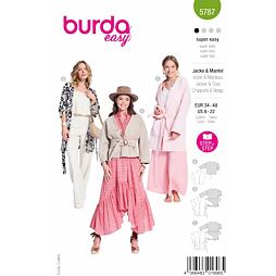 Strih Burda zelený 5787 - otvorené sako, zavinovací kabát s opaskom, vaflový kabát