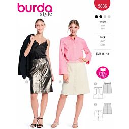 Strih Burda červený 5836 - džínsová, zapínacia, koženková sukňa