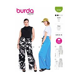 Strih Burda zelený 5743 - nohavice s gumou v páse s vysokým sedom, saténové nohavice