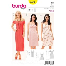 Střih Burda žlutý 6686 - áčkové šaty na ramínka, šaty carmen, empírové šaty