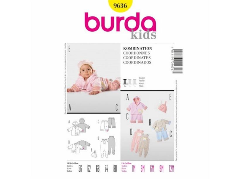 Strih Burda žltý 9636 - čiapočka, kabátik, nohavice a dupačky veľ. 56 - 80