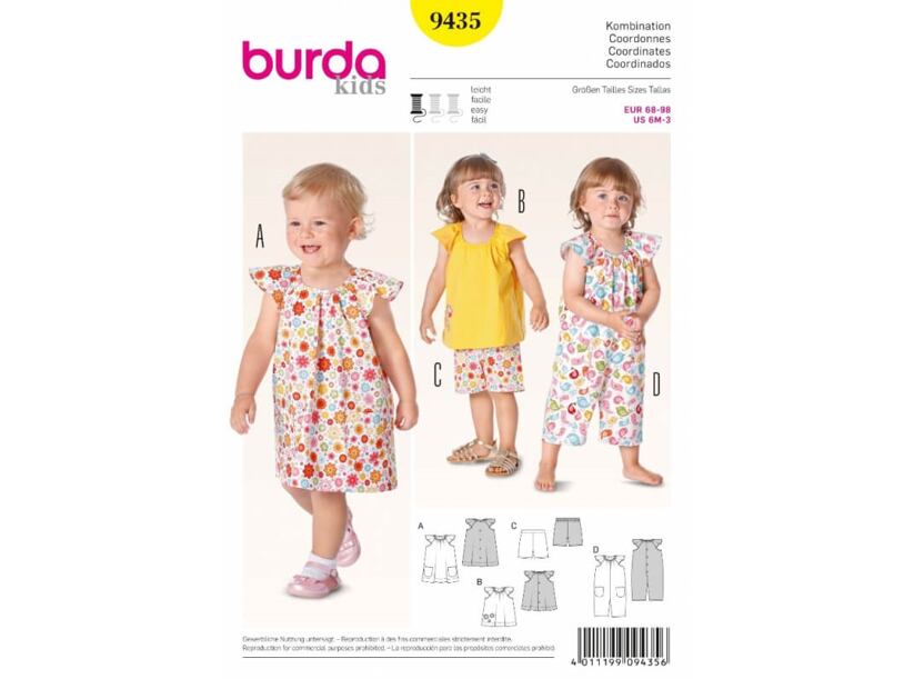 Strih Burda žltý 9435 - detské šaty, blúzka, kraťasy, overal