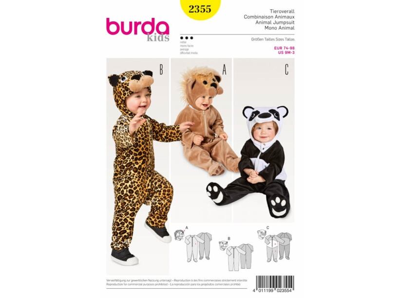 Strih Burda žltý 2355 - detský kostým lev, gepard, panda