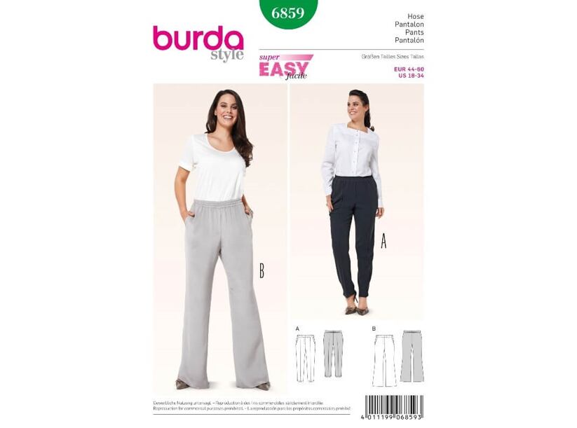 Strih Burda zelený 6859 - dámske nohavice s gumou v páse pre plnoštíhle