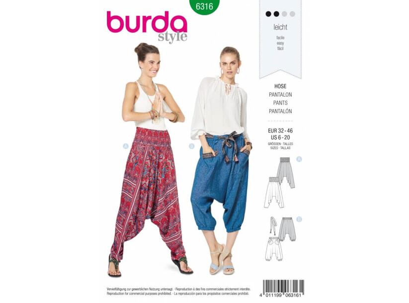 Strih Burda zelený 6316 - dámske háremové nohavice, turecké nohavice