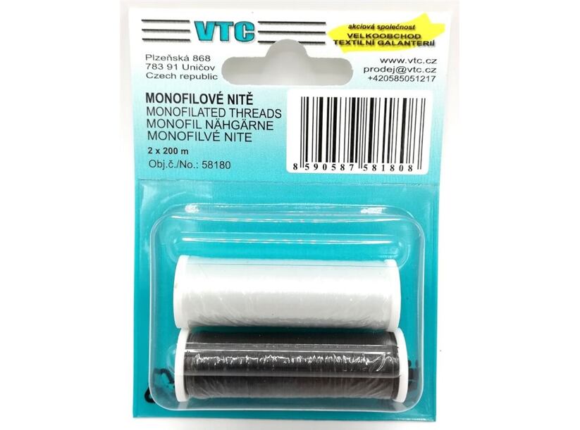 Transparentná šijacia niť Monofil 110 - (2x200m) biela + čierna