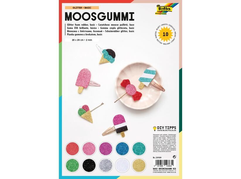 Penová guma moosgummi - 10 listov, 10 farieb - s trblietkami