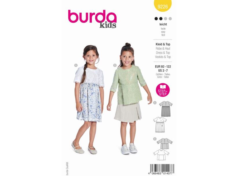 Strih Burda žltý 9226 - naberané dievčenské šaty, empírové šaty a blúzka