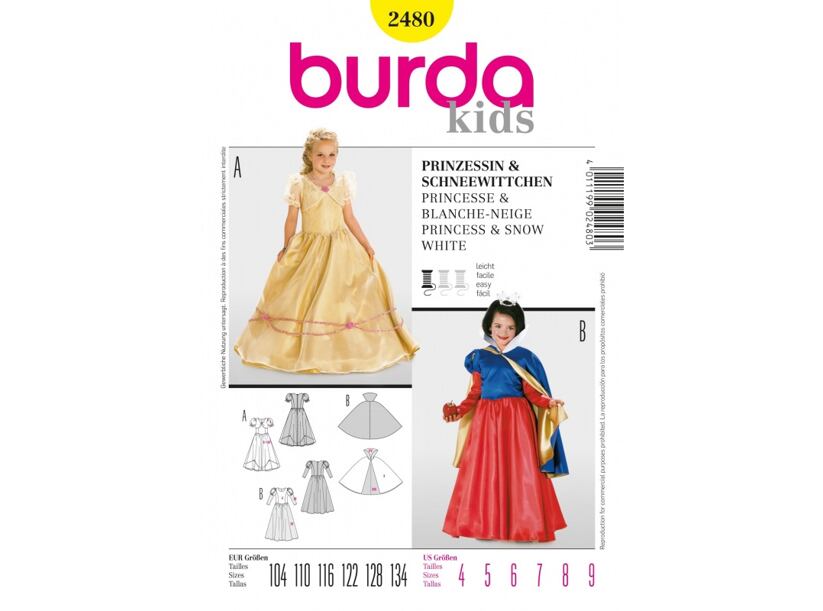 Strih Burda žltý 2480 - detský kostým šaty pre princeznú, Snehulienka