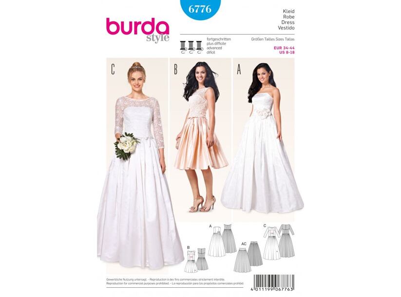 Strih Burda modrý 6776 - svadobné šaty, plesové šaty