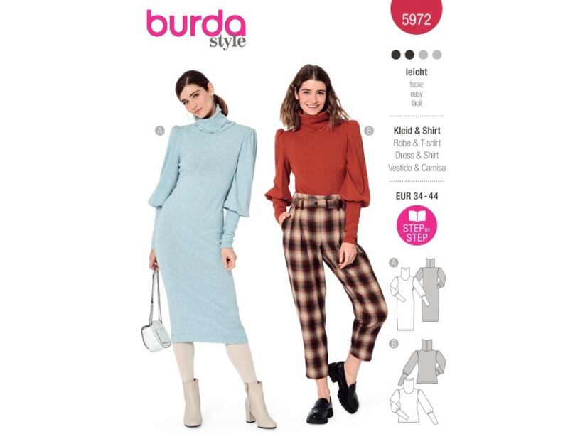 Strih Burda červený 5972 - svetrové šaty s rolákom, rolák