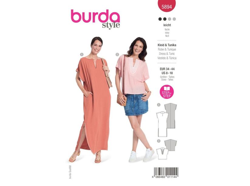 Střih Burda červený 5894 - volné šaty, kaftan, tunika