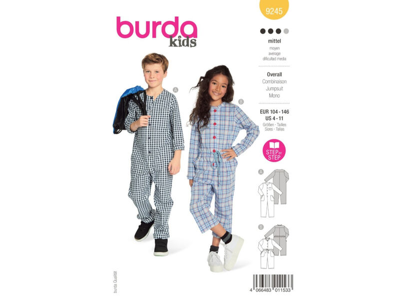 Strih Burda žltý 9245 - overal pre dievčatá a chlapcov