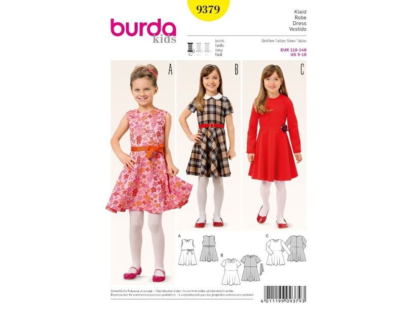 Strih Burda žltý 9379 - detské šaty s kolesovou sukňou