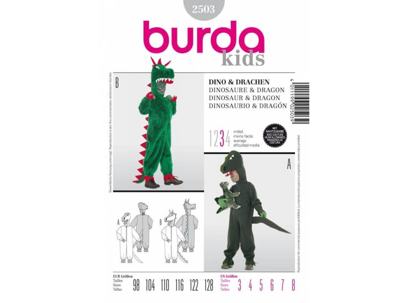 Strih Burda šedý 2503 - detský kostým drak, dinosaurus