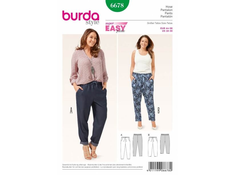 Strih Burda zelený 6678 - dámske nohavice s gumou v páse pre plnoštíhle