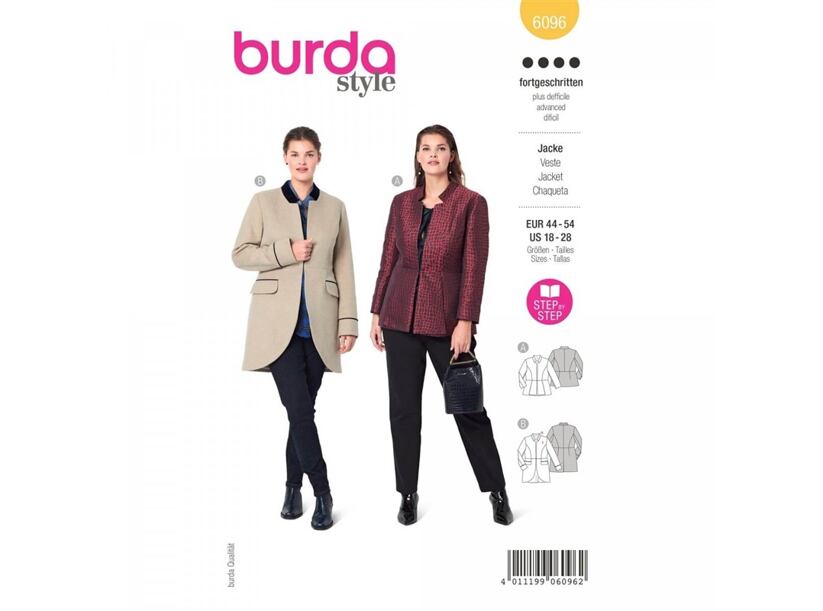 Strih Burda žltý 6096 - sako peplum pre plnoštíhle, dlhé sako