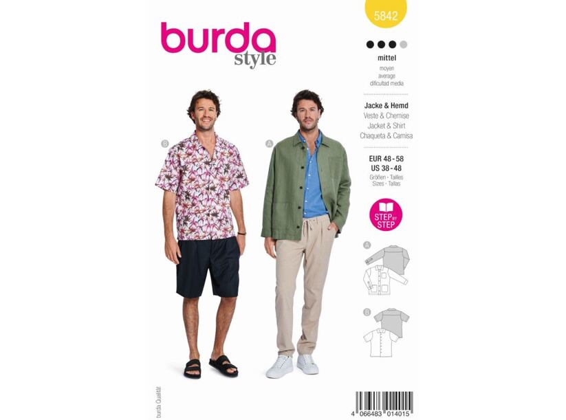 Strih Burda žltý 5842 - pánska košeľa, pánska vrchná košeľa, ľanová košeľa