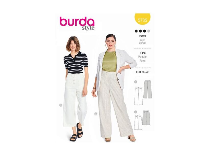 Strih Burda žltý 5735 - nohavice s rovnými nohavicami, ľanové a riflové nohavice, mom jeans