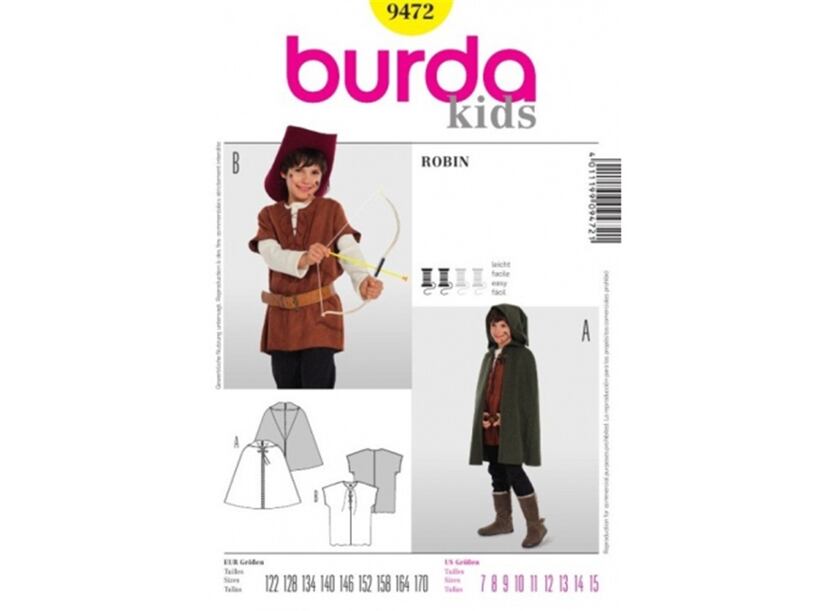 Strih Burda žltý 9472 - detský kostým Robin Hood, zbojník