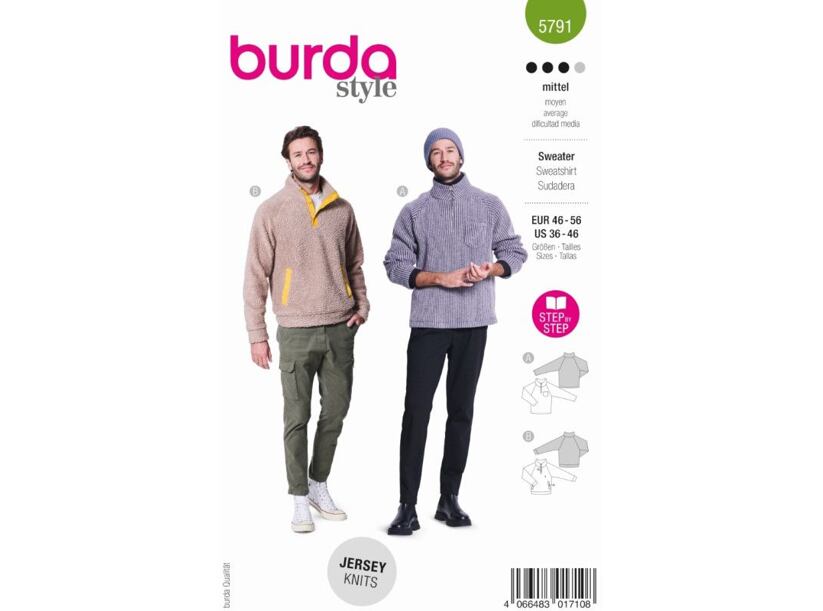 Strih Burda zelený 5791 - pánska mikina so stojačikom, fleecová mikina