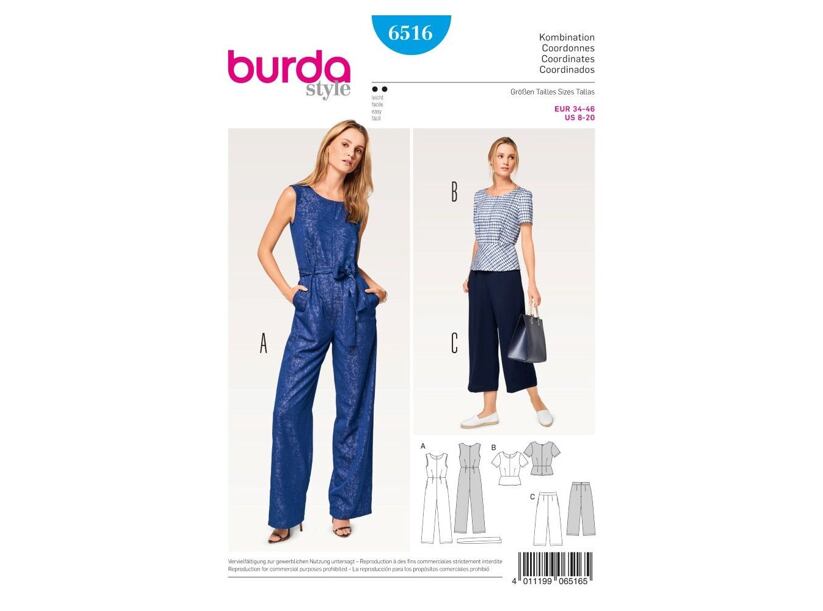 Strih Burda modrý 6516 - overal a nohavice so širokými nohavicami, top peplum