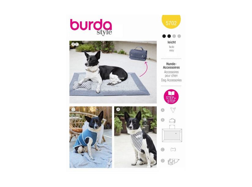 Strih Burda žltý 5702 - šatka a kabátik pre psa, cestovný pelech, hračka