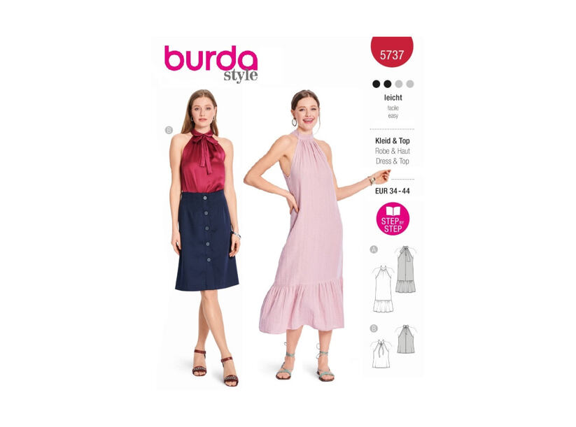 Strih Burda červený 5737 - voľné šaty za krk, mušelínové šaty, top s nahými ramenami