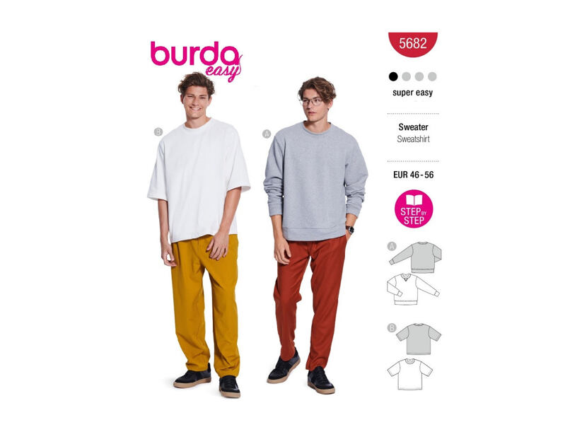 Strih Burda červený 5682 - pánska mikina, pánske splývavé tričko