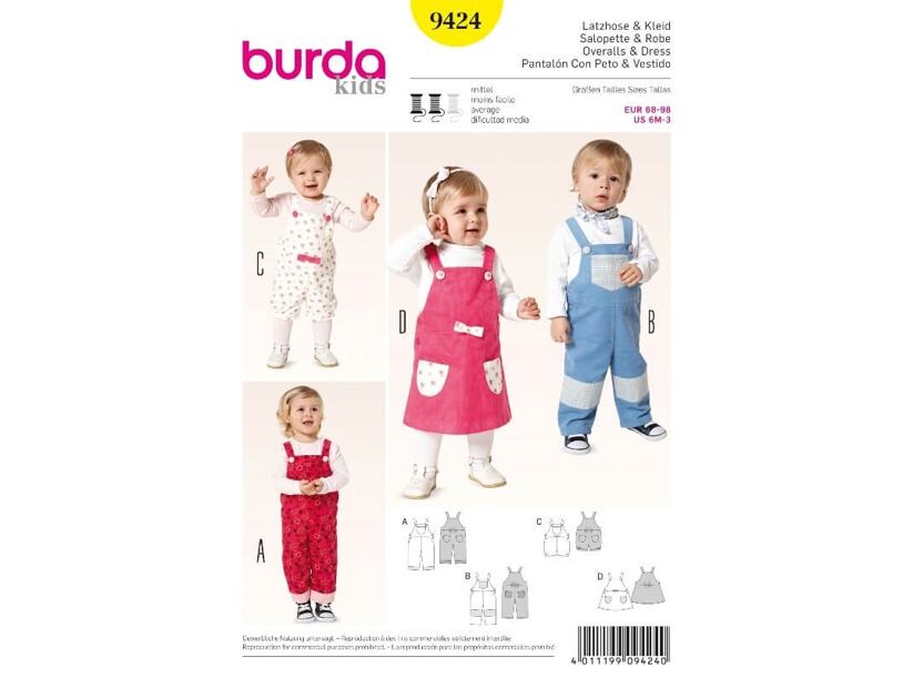 Strih Burda žltý 9424 - detské laclové nohavice, lacláče, laclové šaty