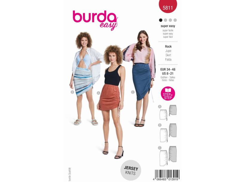 Strih Burda červený 5811 - sukňa so sťahovaním na boku, mini sukňa