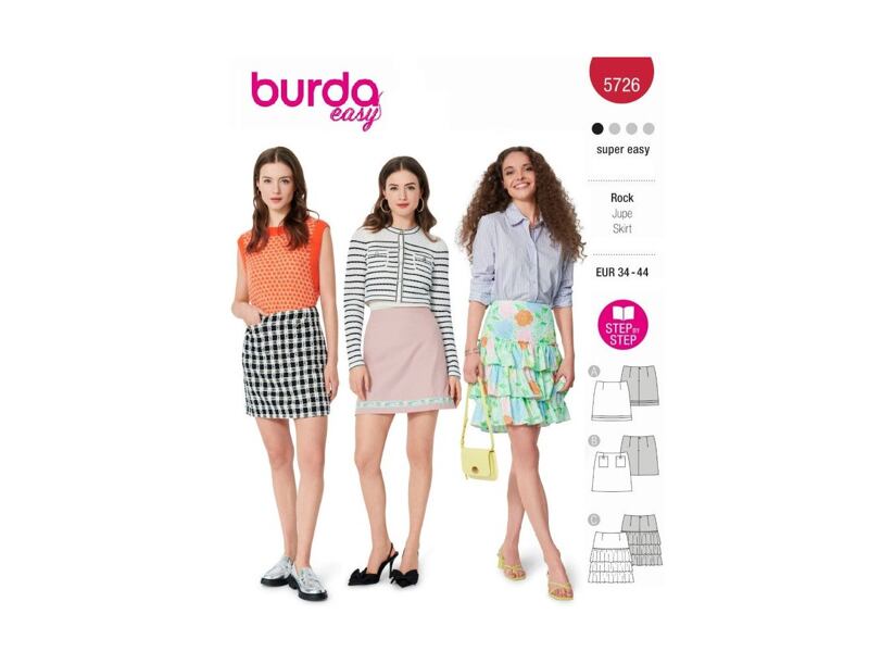 Strih Burda červený 5726 - áčková sukňa, sukňa s volánikmi, minisukňa