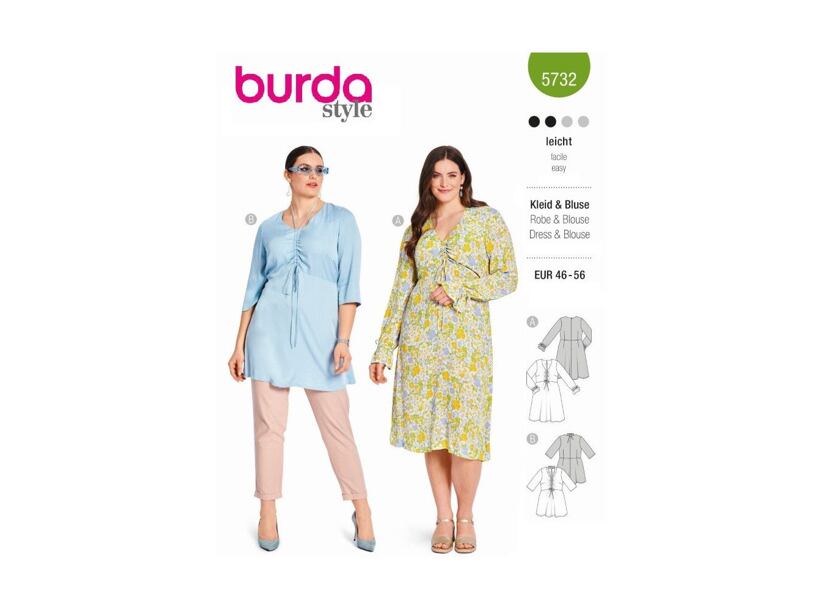 Strih Burda zelený 5732 - šaty so sťahovaním, tunika pre plnoštíhle