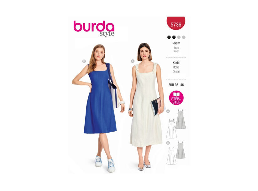 Strih Burda červený 5736 - šaty na ramienka, šaty s rozšírenou sukňou, ľanové šaty